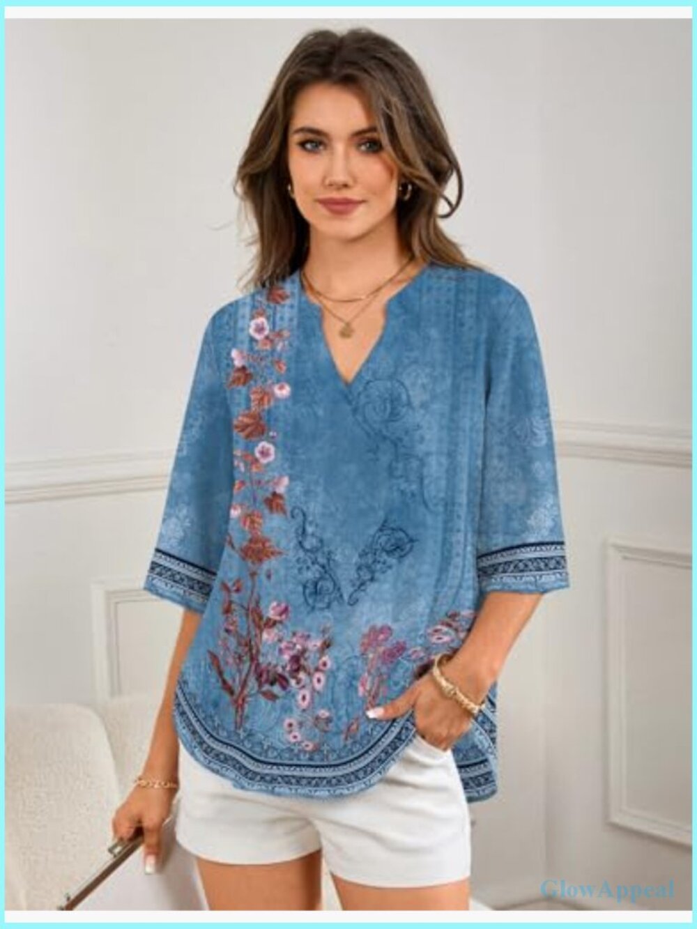 Dressy 3/4 Length Sleeve Blouse Business Casual Button Down Shirt Pull On - Picture 3 of 7